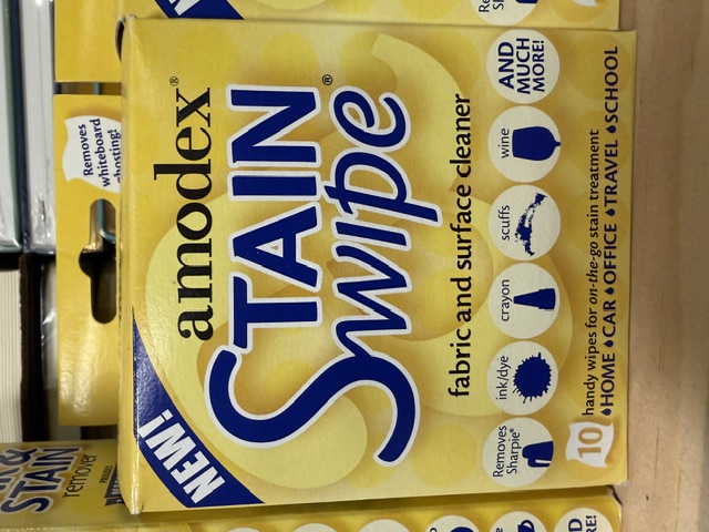 A box of Amodex Stain Swipe wipes, a fabric and surface cleaner for ink and dye
