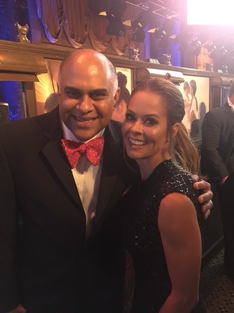 Sri Ramaswami in a hand-tied red polka-dot bow tie and dinner jacket at a black-tie event.