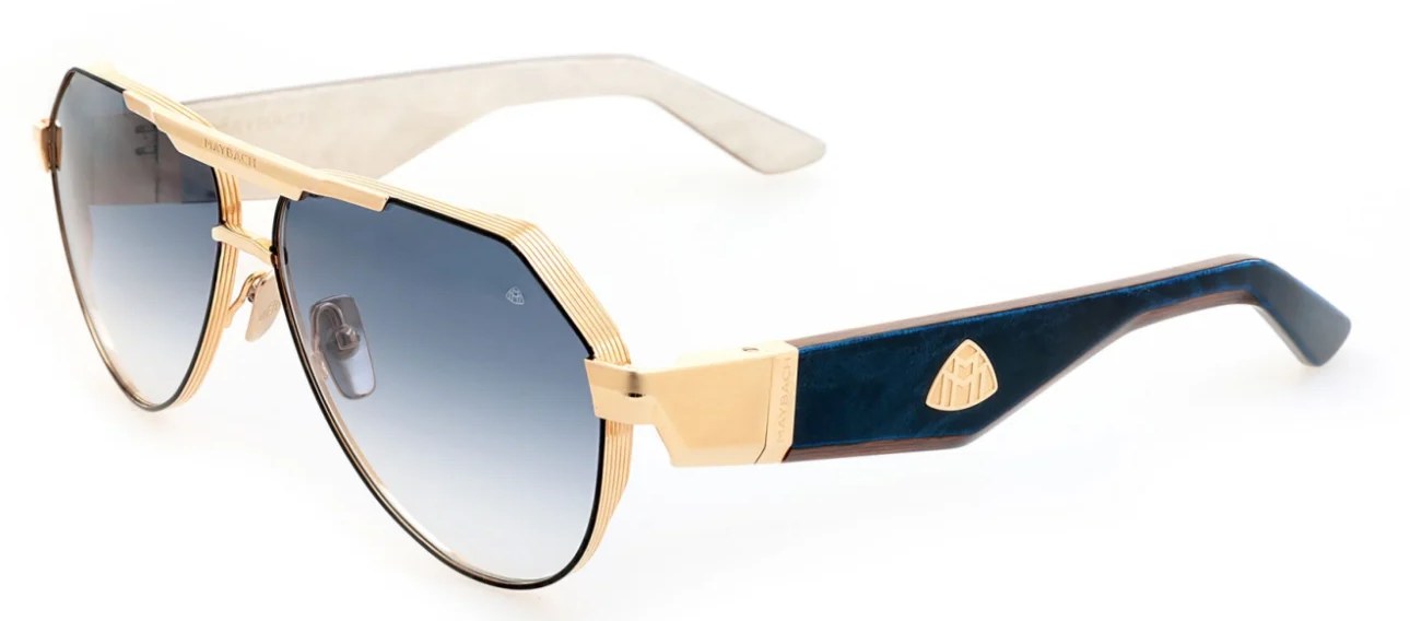 Maybach sunglasses in gold with blue gradient lenses and marbled blue temples